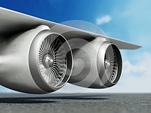 Jet engines in the wing of a passenger airplane. 3D illustration