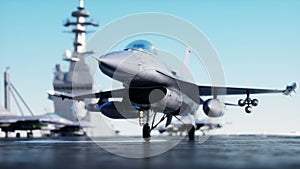 Jet f16, fighter on aircraft carrier in sea, ocean . War and weapon concept. Realistic 4k animation.