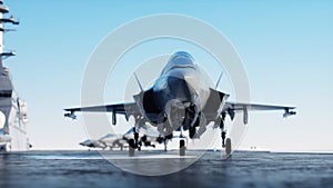 Jet f35, fighter on aircraft carrier in sea, ocean . War and weapon concept. 3d rendering.