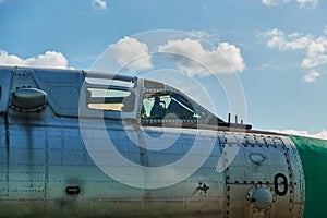 Jet fighter at the airport. The pilot`s cockpit closeup