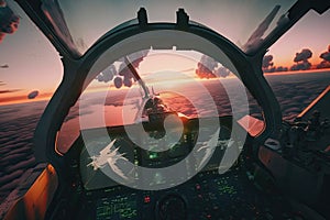 Jet fighter cockpit at sunset. Military aviation. Created with Generative AI