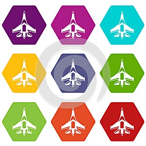 Jet fighter plane icon set color hexahedron