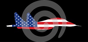 Jet fighter vector silhouette isolated on black background. Military plane with United States of America flag