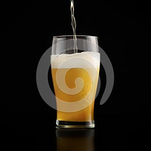 Jet of fresh light beer is poured into glass goblet on dark background with splashes and foam