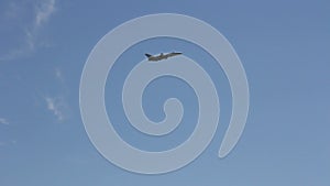 Jet military plane Su-24 flies overhead close.