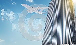 Jet with molecule and skyscraper