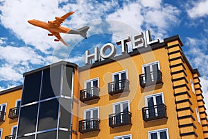 Jet Passengers Airplane fly over Modern Orange Hotel Building. 3d Rendering