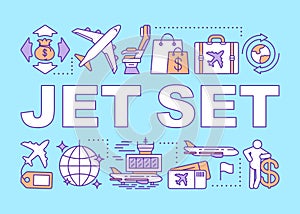 Jet set word concepts banner. Travel to stylish place via jet plane. Frequent traveler. Presentation, website. Isolated