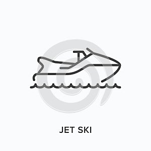 Jet ski flat line icon. Vector outline illustration of jetski. Black thin linear pictogram for water transport