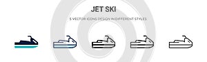 Jet ski icon in filled, thin line, outline and stroke style. Vector illustration of two colored and black jet ski vector icons