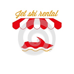 Jet Ski Rental Sign, Emblem. Red and White Striped Awning Tent. Vector Illustration
