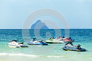 Jet ski`s in the  sea on Phi Phi island, Thailand. Sea fun background.