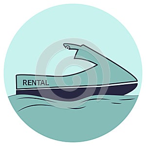 Jet ski in the sea. A water scooter icon in a flat style, isolated on white background. Blue jet ski, illustration for rental or