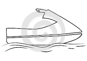 Jet ski in the sea. A water scooter icon in outline style, isolated on white background. Extreme sport. Flat design, vector