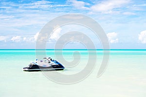 Jet ski on turquoise sea water in Antigua. Water transport, sport, activity. Speed, extreme, adrenaline. Summer vacation on caribb