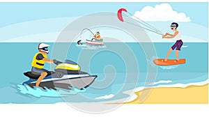 Jet ski water extreme sports, isolated design element for summer vacation activity concept, cartoon wave surfing, sea