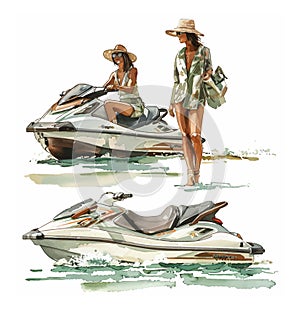 Jet ski water extreme sports, isolated design element for summer vacation activity concept, sea beach vector