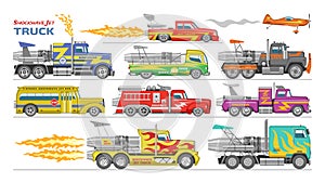 Jet truck vector afterburning race car and flamy drag racing on speedcar on sport event racetrack illustration set of