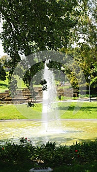 Jet of water in the pond of the MosÃ©n Cinto Verdaguer gardens in Montjuic