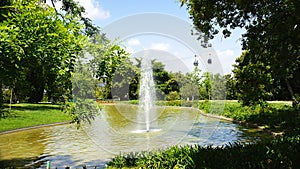 Jet of water in the pond of the MosÃ©n Cinto Verdaguer gardens in Montjuic, Barcelona