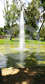 Jet of water in the pond of the MosÃ©n Cinto Verdaguer gardens in Montjuic, Barcelona