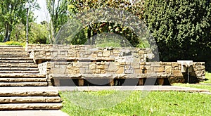 Jet of water in the pond of the MosÃ©n Cinto Verdaguer gardens in Montjuic, Barcelona