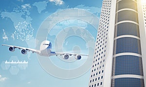 Jet with world map and skyscraper