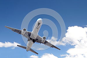 Jetliner in blue sky photo