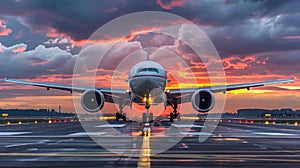 Jetliner Flying Over Runway at Sunset