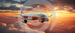 Jetliner gracefully soaring above stunning sunset clouds travel and adventure concept in the sky