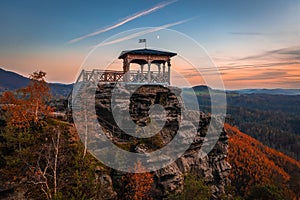 Jetrichovice, Czech Republic - Aerial view of Mariina Vyhlidka lookout with a beautiful Czech autumn landscape