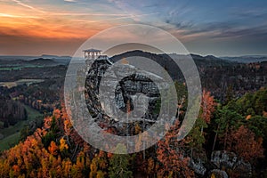 Jetrichovice, Czech Republic - Aerial view of Mariina Vyhlidka lookout in Bohemian Switzerland region