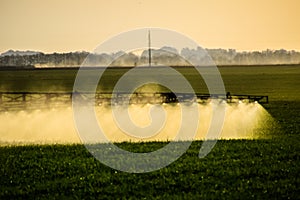 Jets of liquid fertilizer from the tractor sprayer