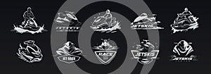 Jetski icons set. Energetic retro black and white silhouette icons for a modern, sporty label. Transport, speed, and