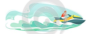 Jetski landscape cover design. Man ride hydro cycle in sea vector poster. Water sport isolated background. Summer