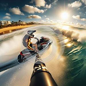 Jetski rider surfs the waves near coastline