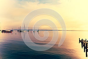 Jetty on Ammersee, foggy day, landscape photo