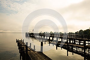 Jetty on Ammersee, foggy day, landscape, blue sky