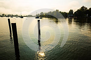 Jetty on Ammersee, foggy day, landscape, blue sky