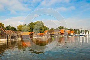 Jetty on Ammersee, foggy day, landscape, blue sky