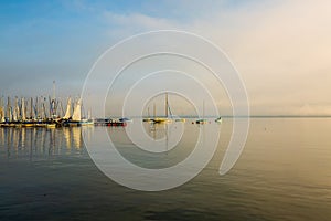 Jetty on Ammersee, foggy day, landscape, blue sky