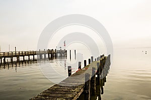 Jetty on Ammersee, foggy day, landscape, blue sky