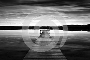 Jetty at lake Starnberger See, Germany, black and white