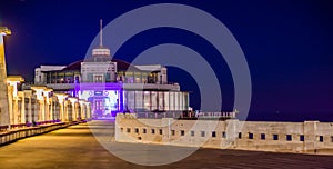 On the jetty platform of blankenberge beach, Belgium, Popular Belgian city architecture lighted by night