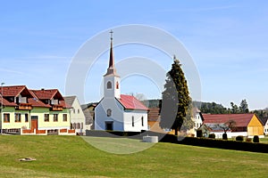 Jetzles, Lower Austria, rural settlement, Village Green with small church, Springtime fittings, vector