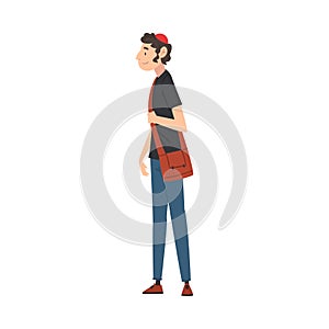 Jew Guy in Casual Clothes Standing with Bag, International College or University Student Character Vector Illustration