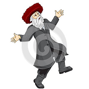 Jew in hasidic hat dancing and rejoicing at something, isolated object on white background, vector illustration