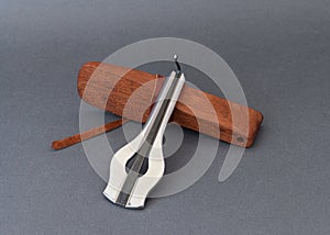 Jew`s harp with wooden case on grey background. photo