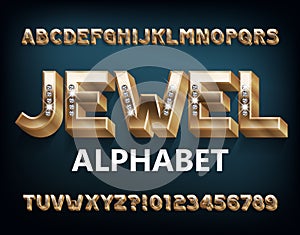 Jewel alphabet font. 3d gold metal letters and numbers with diamonds.