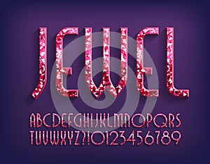 Jewel alphabet font. 3D ruby letters and numbers.